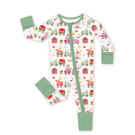 Valentine Farm Adventure Ride and Hearts Green Bamboo Zipper Romper Pajamas