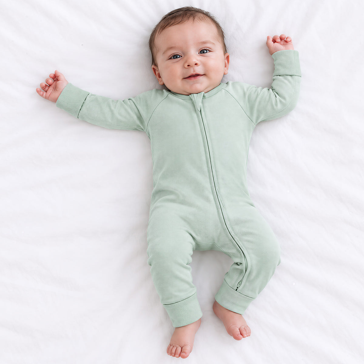 Sage Green Solid Bamboo Zipper Romper Pajamas