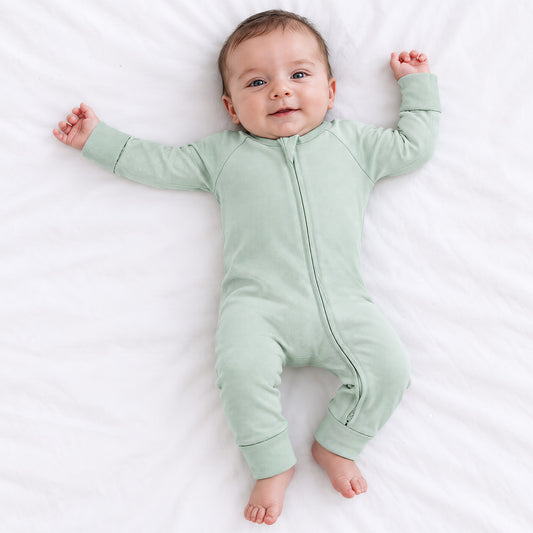 Sage Green Solid Bamboo Zipper Romper Pajamas