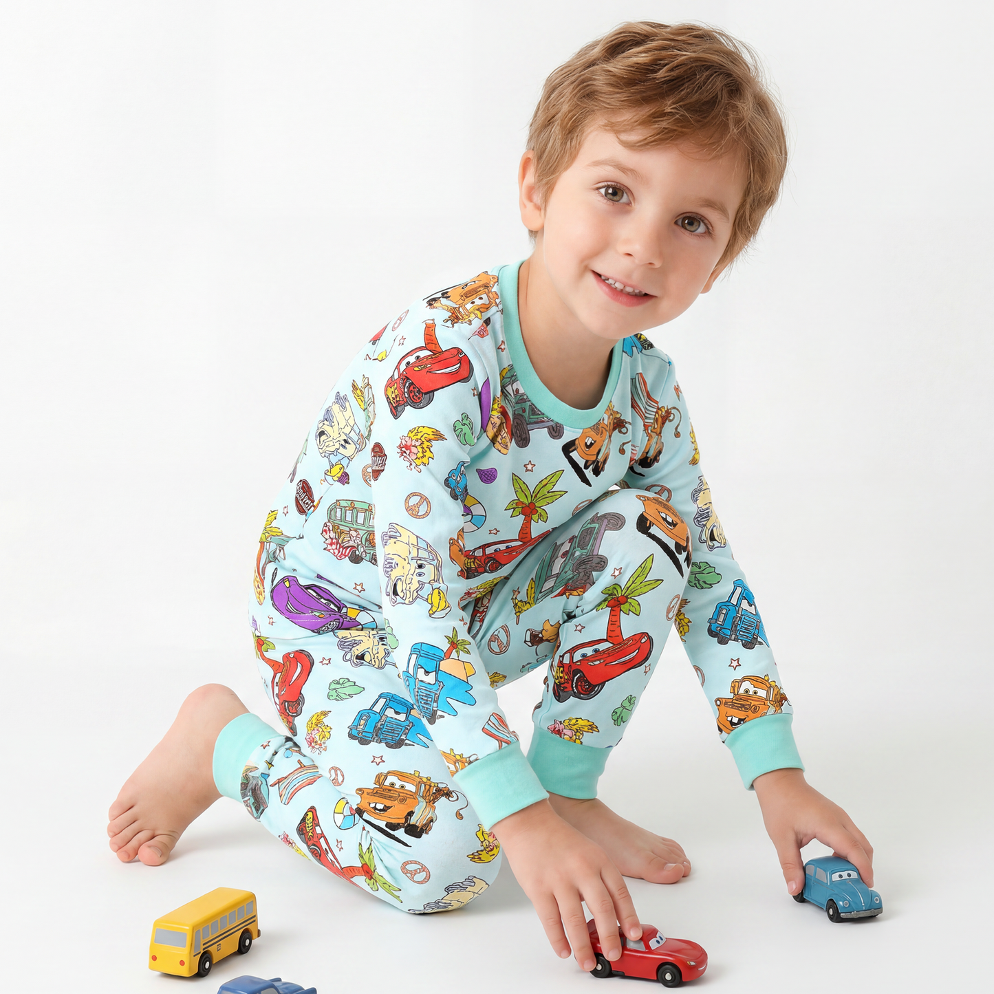 Vintage Cars Road Trip Mint Green Kids Two-Piece Pajama Set