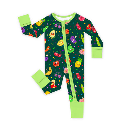 Bountiful Fruit Cherry and Banana Nighttime Bamboo Zipper Romper Pajamas