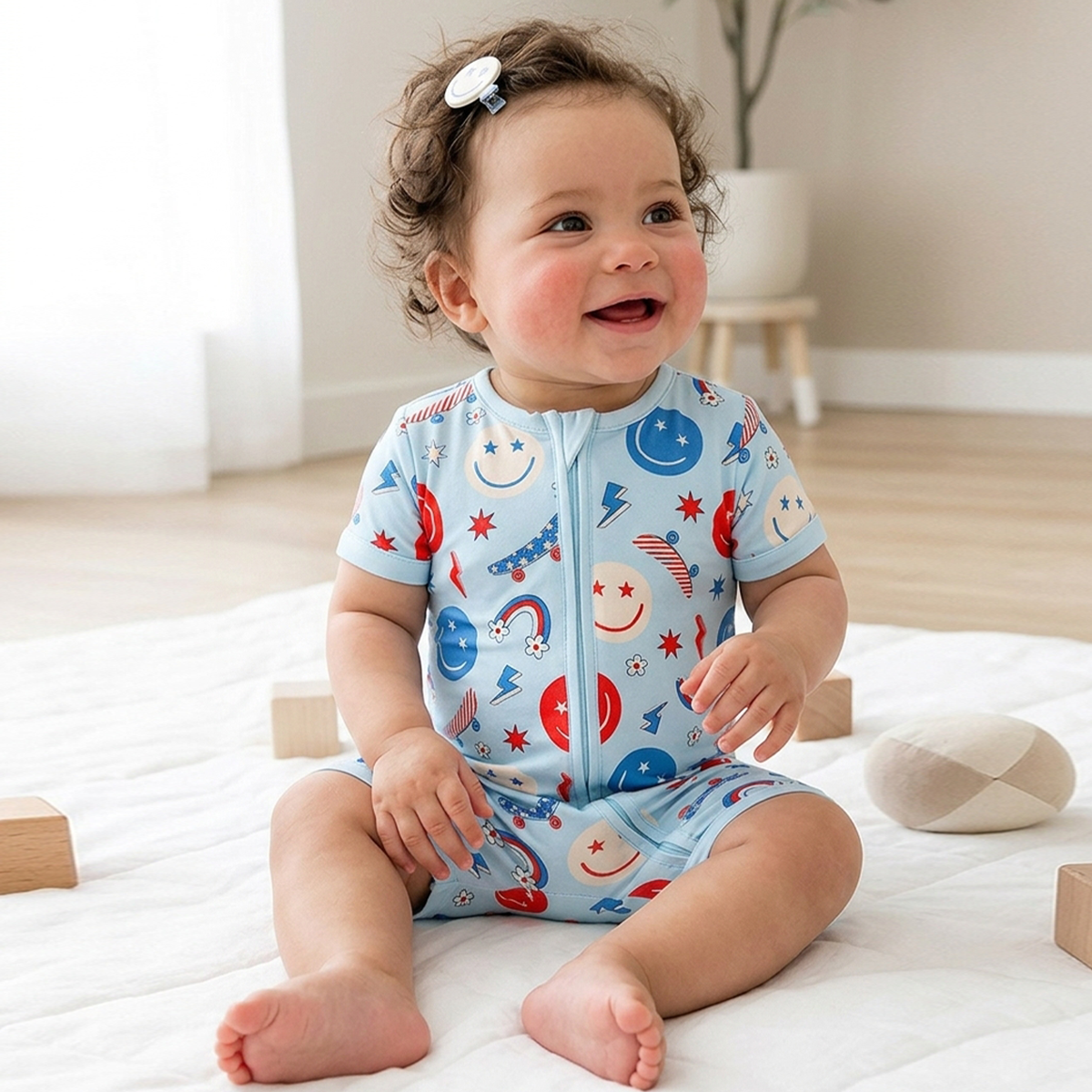 4th of July Smiley Faces and Colorful Rainbows Sky Blue Short Bamboo Zippy Baby Romper