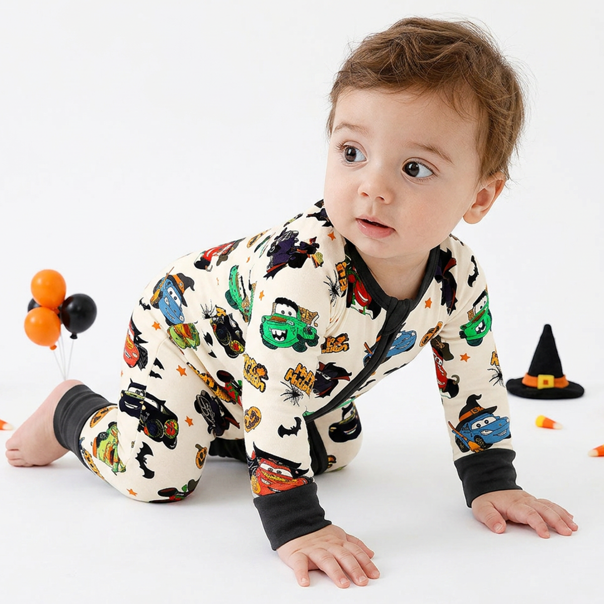 Halloween Smiley Face Car and Bus Pumpkin Bamboo Zipper Romper Pajamas