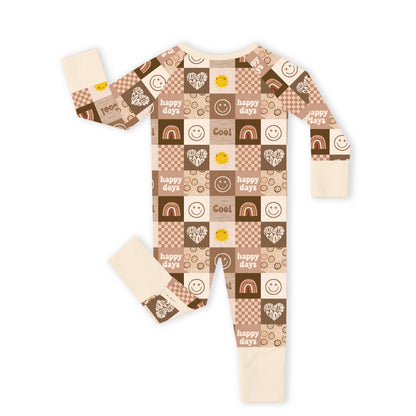 Retro Good Vibes Checkerboard Cream Bamboo Zipper Pajama Romper