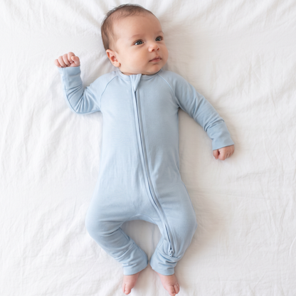 Solid Sky Blue Bamboo Zipper Romper Pajamas
