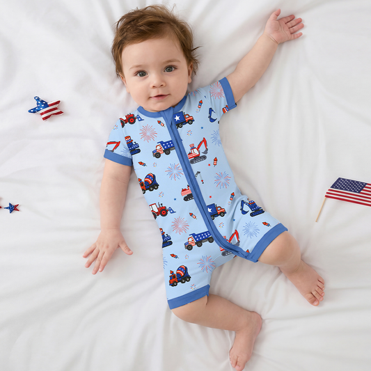 4th of July Stars Truck and Fireworks Blue Short Bamboo Zippy Baby Romper