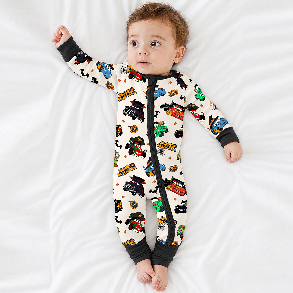 Halloween Smiley Face Car and Bus Pumpkin Bamboo Zipper Romper Pajamas