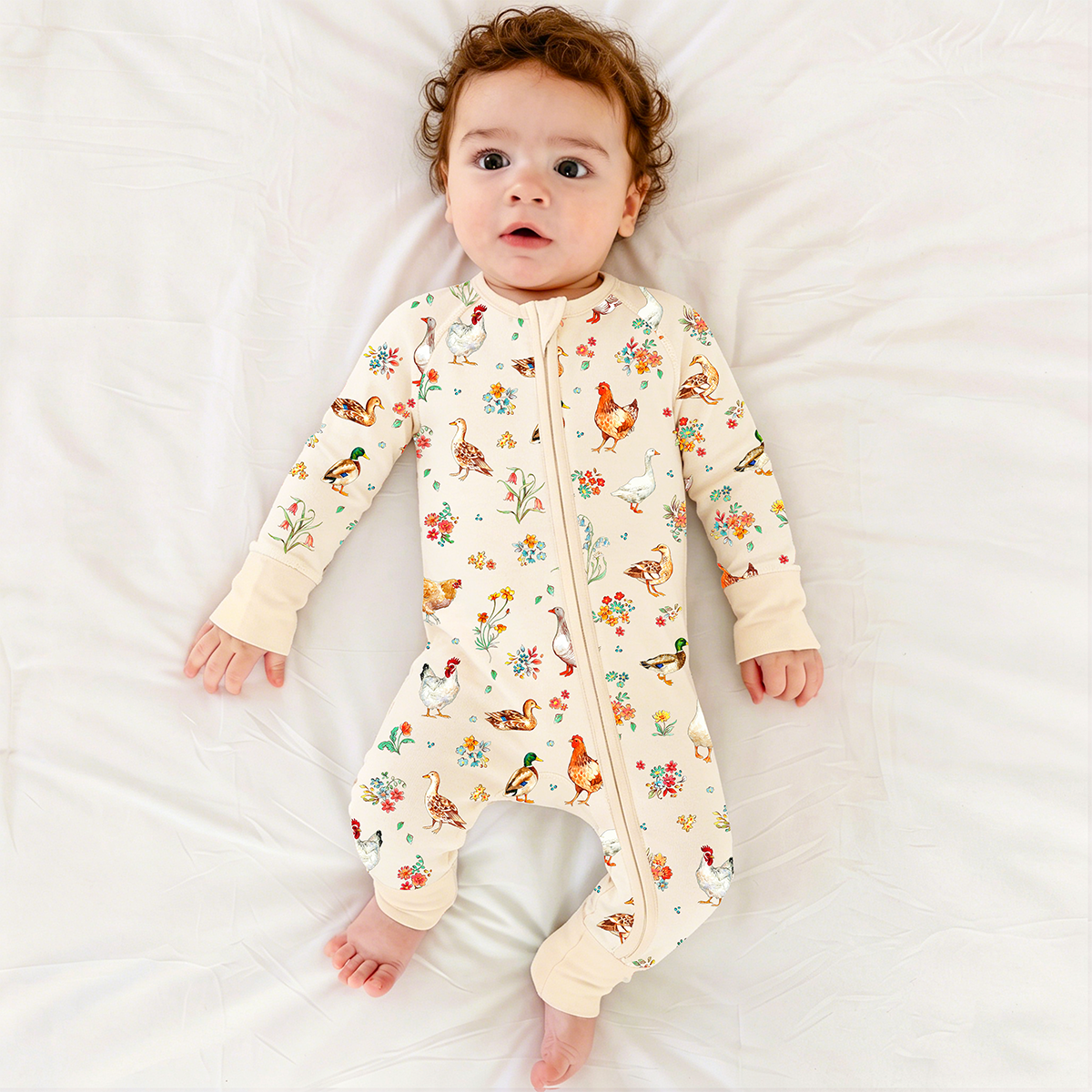 Baby Bamboo Zipper Pajama Romper Farm Duck and Chicken in Wildflower Floral