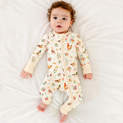Baby Bamboo Zipper Pajama Romper Farm Duck and Chicken in Wildflower Floral