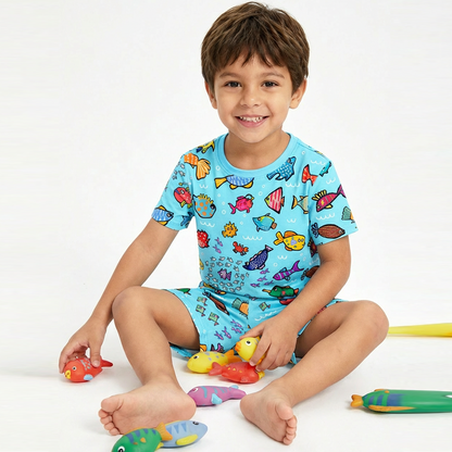 Kids Bamboo Two-Piece Pajama Set Blue Ocean Fish Frenzy