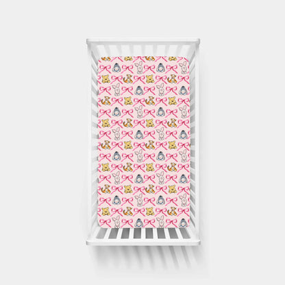 Sunny Bear and Pig Friends Bow Bamboo Fitted Crib Sheet