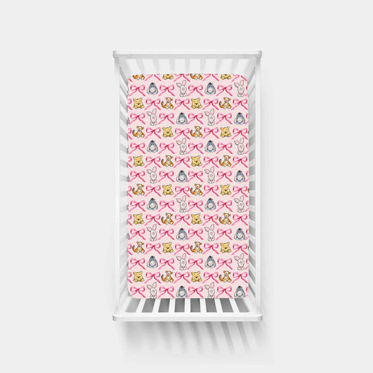 Sunny Bear and Pig Friends Bow Bamboo Fitted Crib Sheet