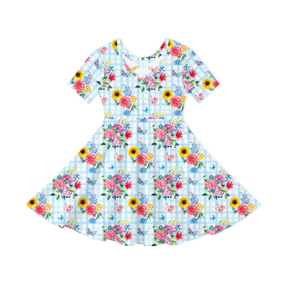 Gingham Garden Bouquet Kids Bamboo Short Sleeves Dress