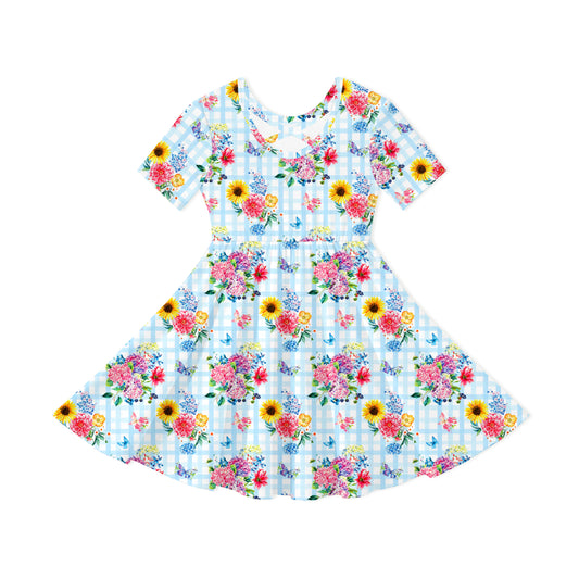 Gingham Garden Bouquet Kids Bamboo Long Sleeves Dress