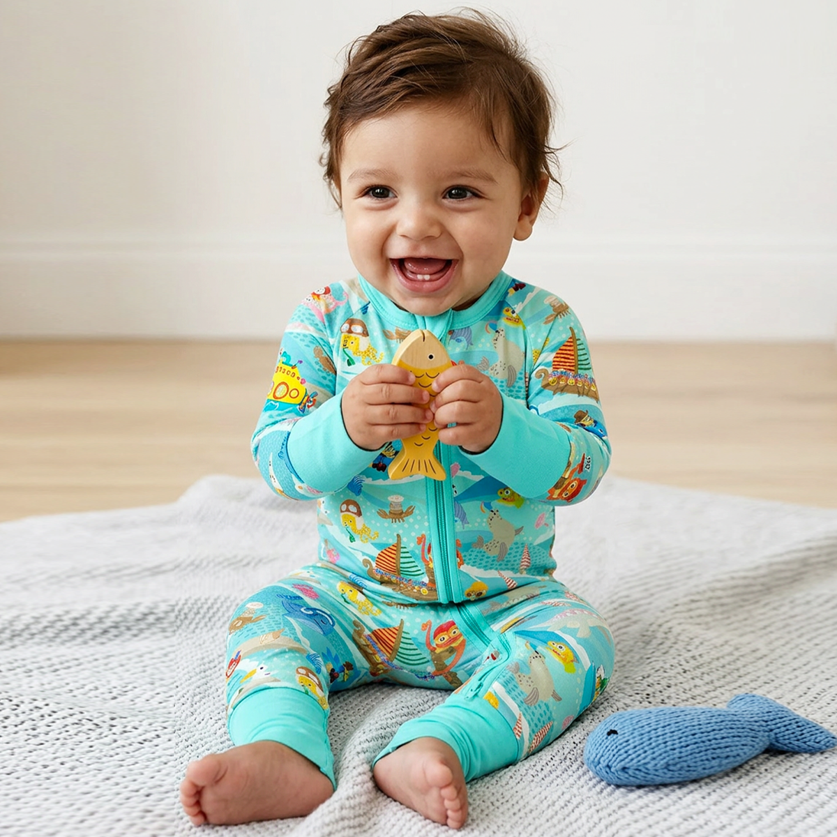 Baby Bamboo Zipper Pajama Romper Ocean Sailboat and Sea Animal Parade