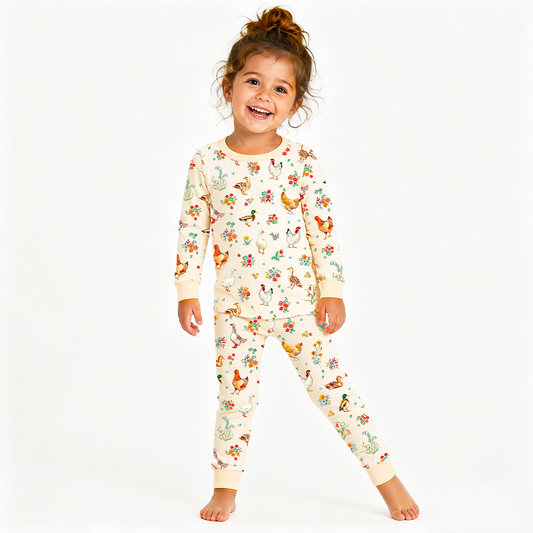 Kids Bamboo Two-Piece Pajama Set Farm Duck and Chicken in Wildflower Floral
