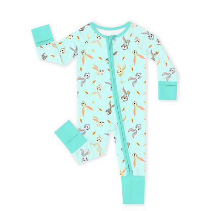 Easter Hoppy Bunny Carrot Parade Green Baby Bamboo Zipper Pajama Romper