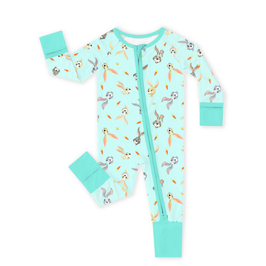 Easter Hoppy Bunny Carrot Parade Green Bamboo Zipper Romper Pajamas