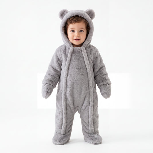 Matte Light Gray Baby Bear Fleece Hooded Romper