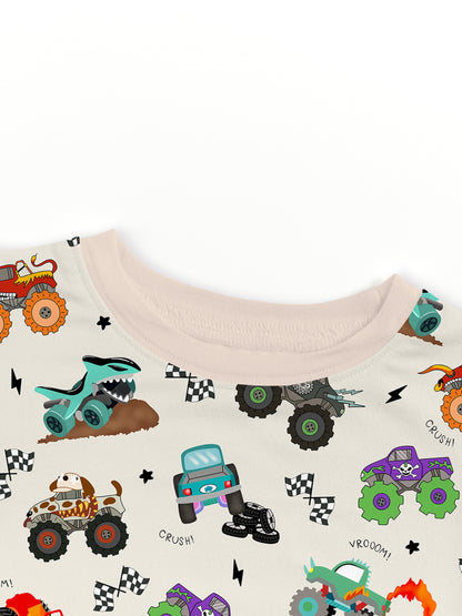 Big Wheels Truck Race Journey on Apricot Bamboo Two-Piece Pajama Set
