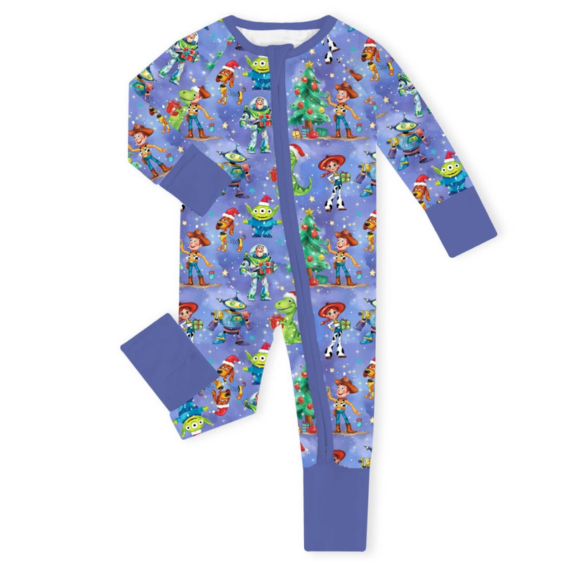 Christmas Toy and Dinosaur Friends Party Baby Bamboo Zipper Romper Pajamas