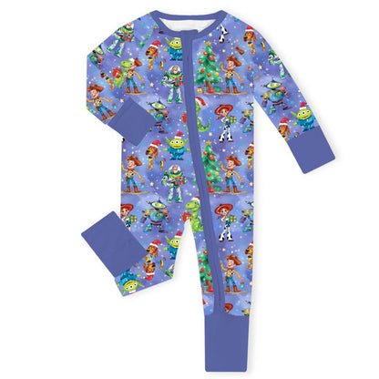 Christmas Toy and Dinosaur Friends Party Baby Bamboo Zipper Romper Pajamas
