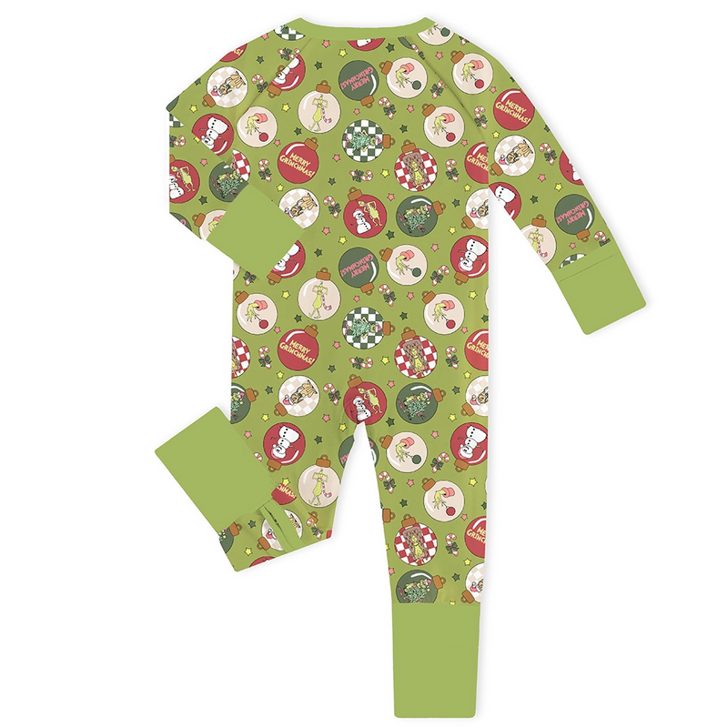 Christmas Green Face Baubles Baby Bamboo Zipper Romper Pajama