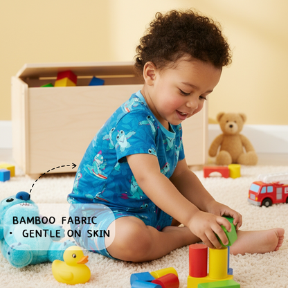 Surfing Dino Ocean Island Kids Bamboo Two-Piece Pajama Short Sleeve Set