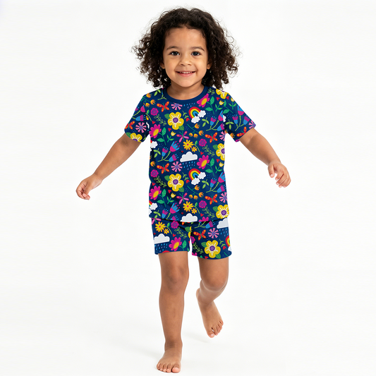 Sunny Rainbow Garden and Playful Petals Kids Bamboo Two-Piece Pajama Short Sleeve Set