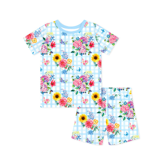 Gingham Garden Bouquet Kids Bamboo Two-Piece Pajama Short Sleeve Set