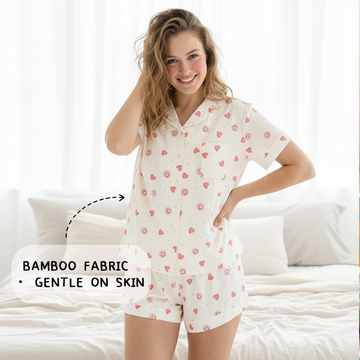Sweet Hearts and Smiley Faces Pink Women's Bamboo Short Sleeve Pajama Set