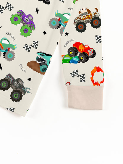 Big Wheels Truck Race Journey on Apricot Bamboo Two-Piece Pajama Set