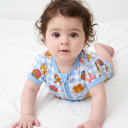 Baby Bamboo Zipper Pajama Romper Sweet Bakery and Flower Bow in Blue Check
