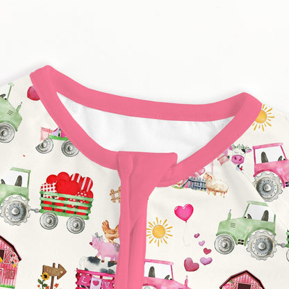 Valentine Farm Adventure Ride and Hearts Pink Bamboo Zipper Romper Pajamas