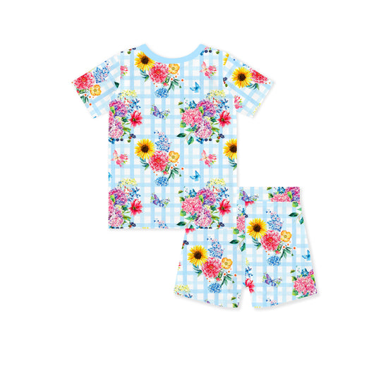 Gingham Garden Bouquet Kids Bamboo Two-Piece Pajama Short Sleeve Set