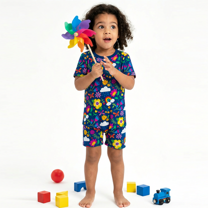 Kids Bamboo Two-Piece Pajama Set Sunny Rainbow Garden and Playful Petals