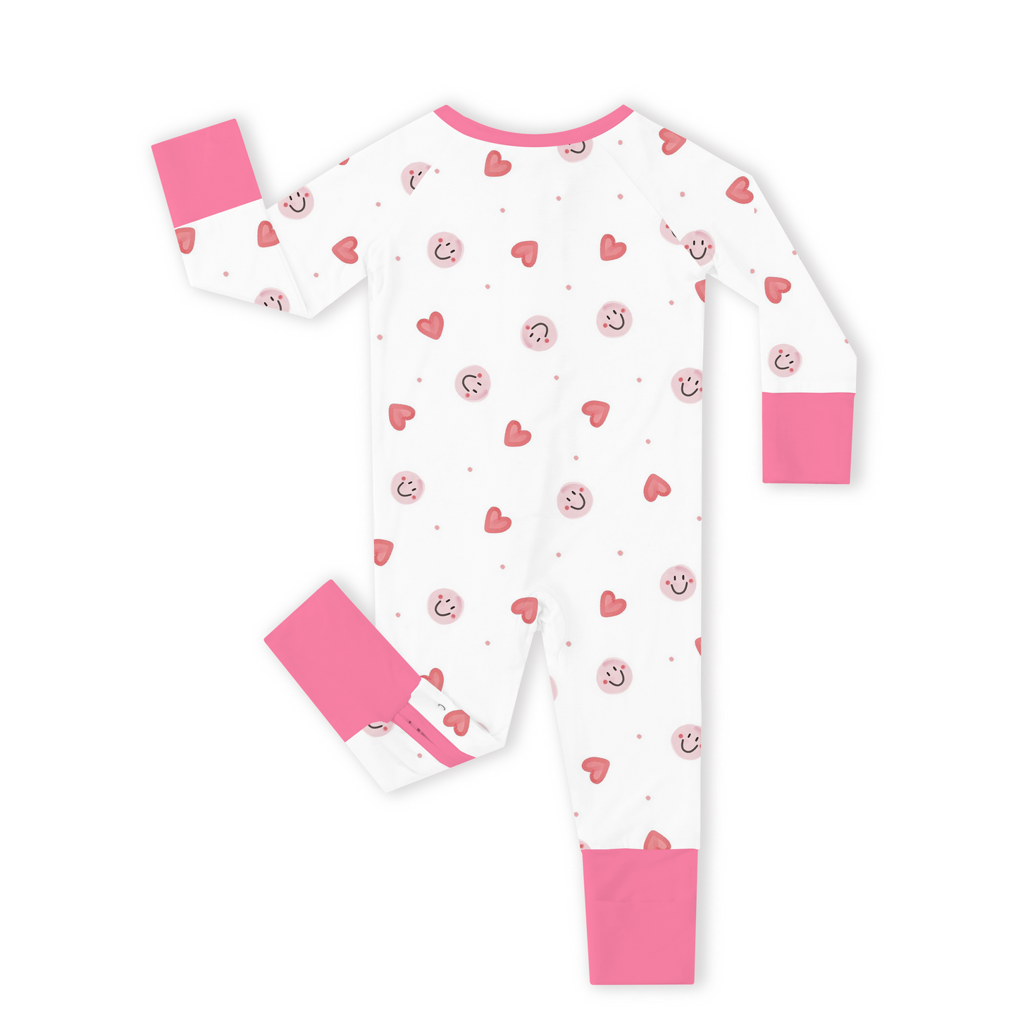 Sweet Hearts and Smiley Faces Pink Bamboo Zipper Romper Pajamas