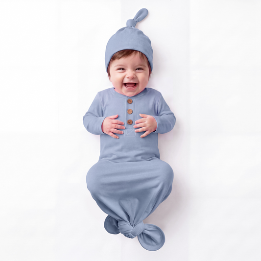 Greyish Misty Blue Baby Bamboo Knotted Gown with Hat Set