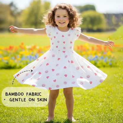 Sweet Hearts and Smiley Faces Pink Kids Bamboo Short Sleeves Dress