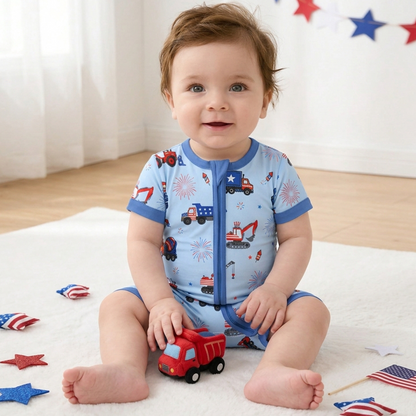 4th of July Stars Truck and Fireworks Baby Bamboo Zipper Pajama Romper