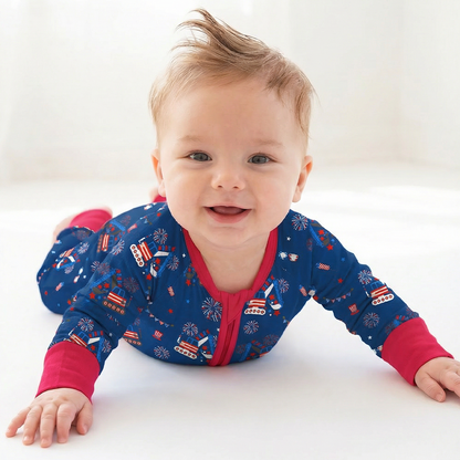 4th of July Red White Fireworks and Truck Baby Bamboo Zipper Pajama Romper