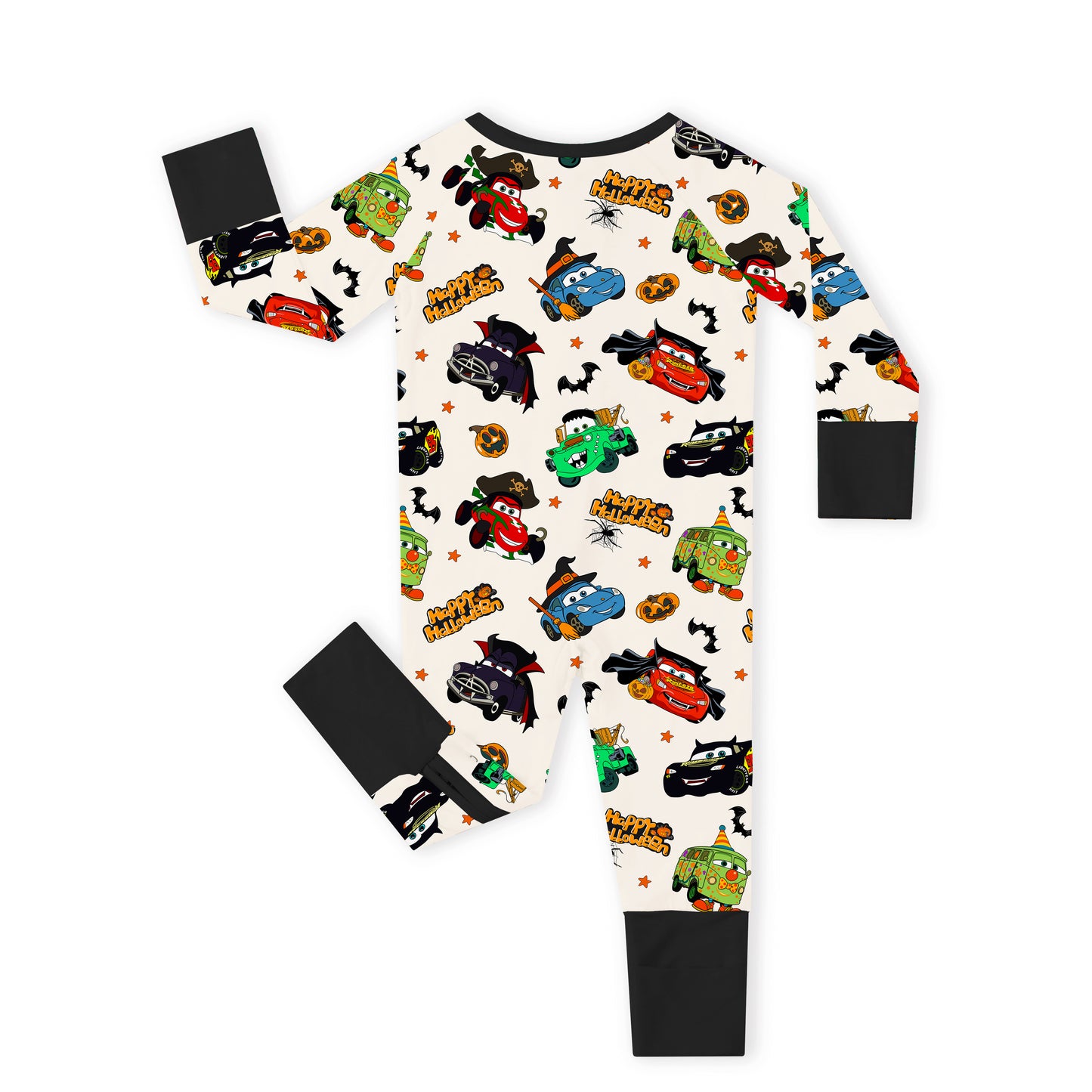 Halloween Smiley Face Car and Bus Pumpkin Bamboo Zipper Romper Pajamas