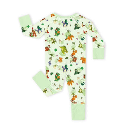 Baby Bamboo Zipper Pajama Romper Prehistoric Dino Pals Jungle Playtime Sage Green