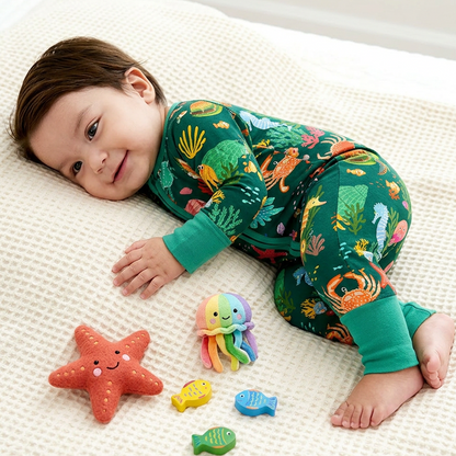 Baby Bamboo Zipper Pajama Romper Ocean Crab and Coral Reef Green
