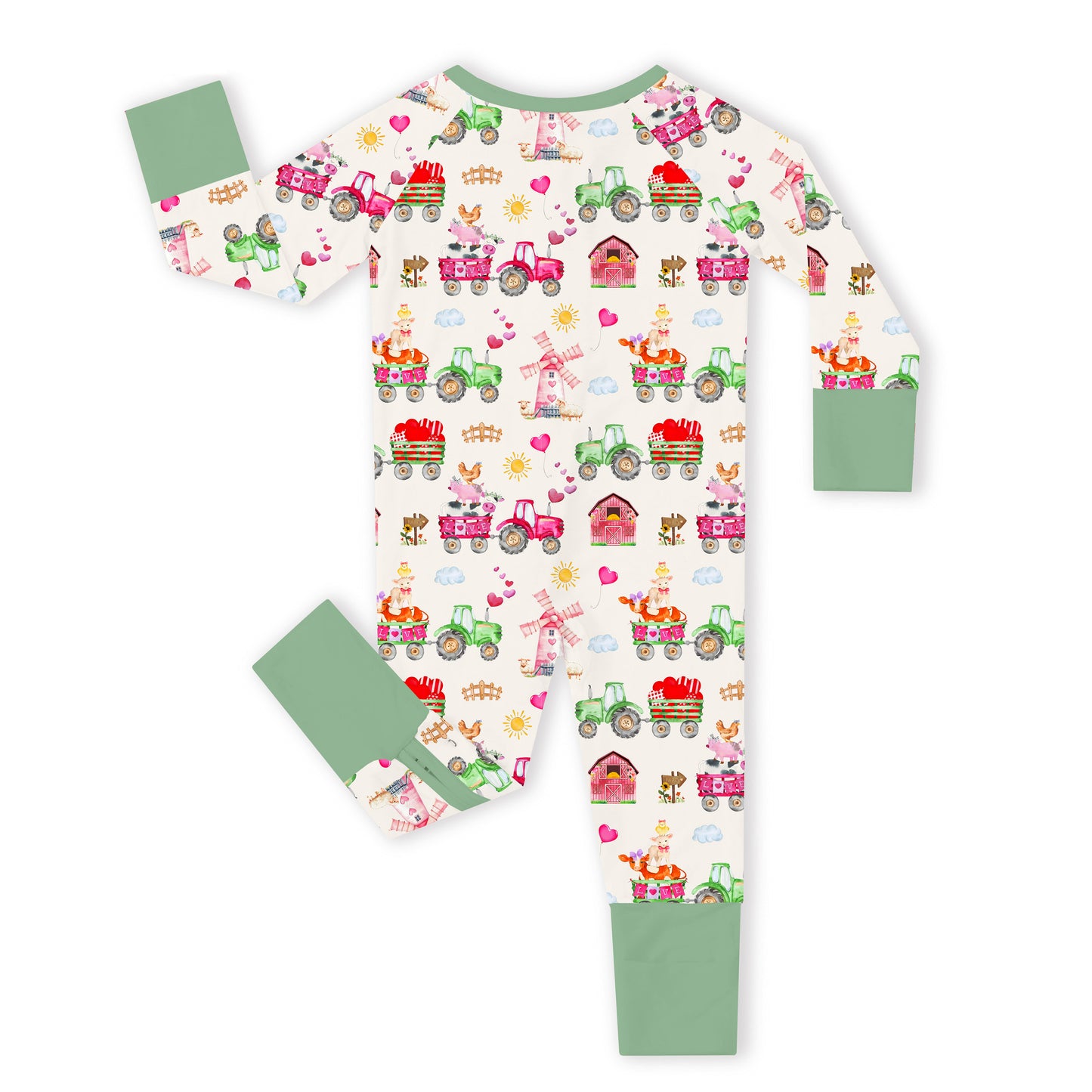 Valentine Farm Adventure Ride and Hearts Green Bamboo Zipper Romper Pajamas