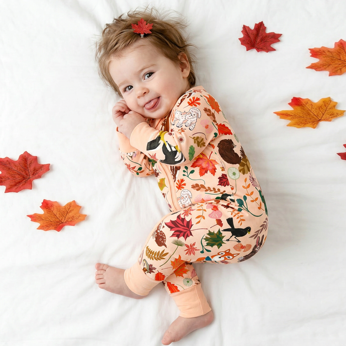 Autumn Woodland Wildlife and Fallen Leaves Peach Bamboo Zipper Romper Pajamas