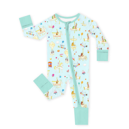 Animals Carnival Fun and Birthday Carousel Bamboo Zipper Romper Pajamas