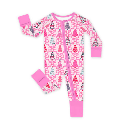 Christmas Coquette Bow Trees Baby Bamboo Zipper Pajama Romper