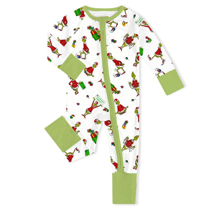 Christmas Green Gift Green Face Baby Bamboo Zipper Romper Pajamas