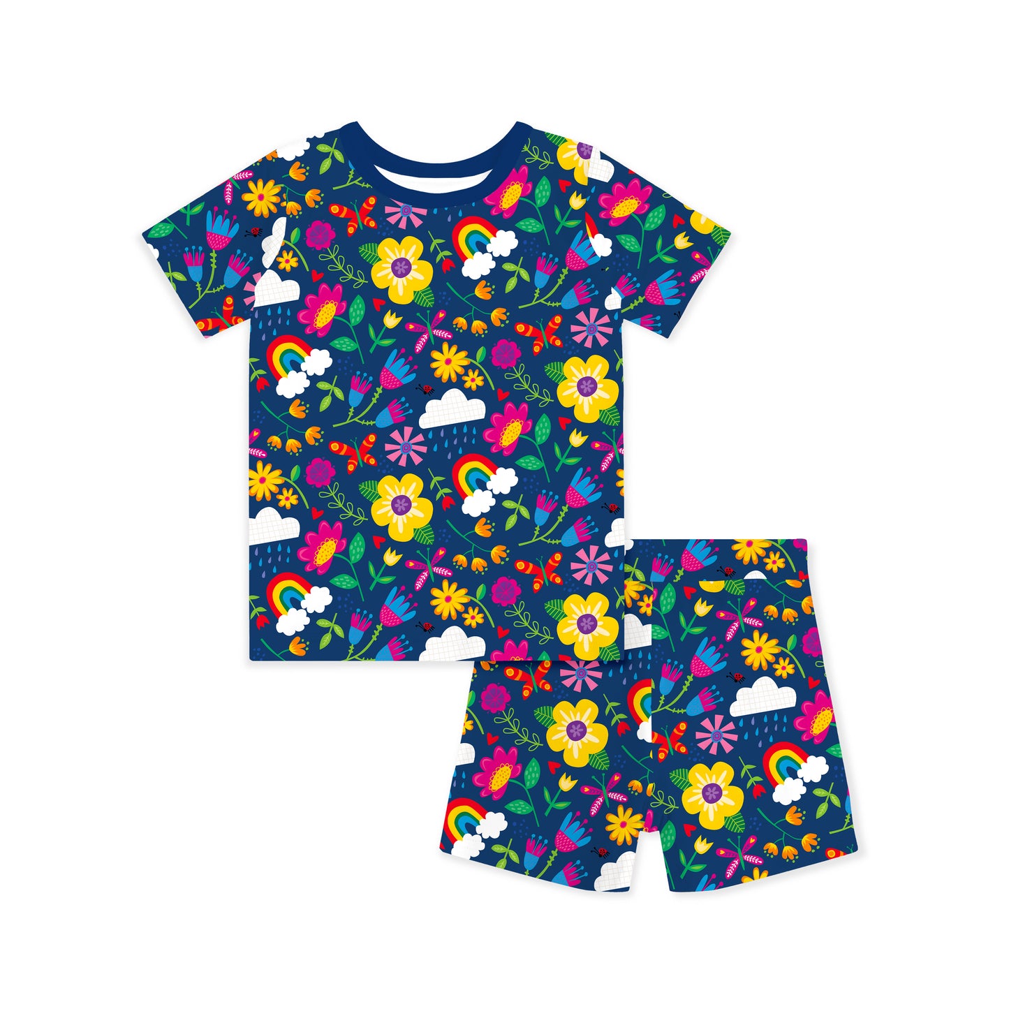 Kids Bamboo Two-Piece Pajama Set Sunny Rainbow Garden and Playful Petals